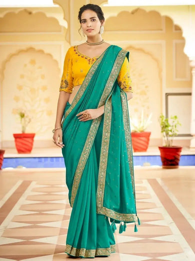 Delightful Firozi Sequined Embroidery Vichitra Festive Wear Saree
